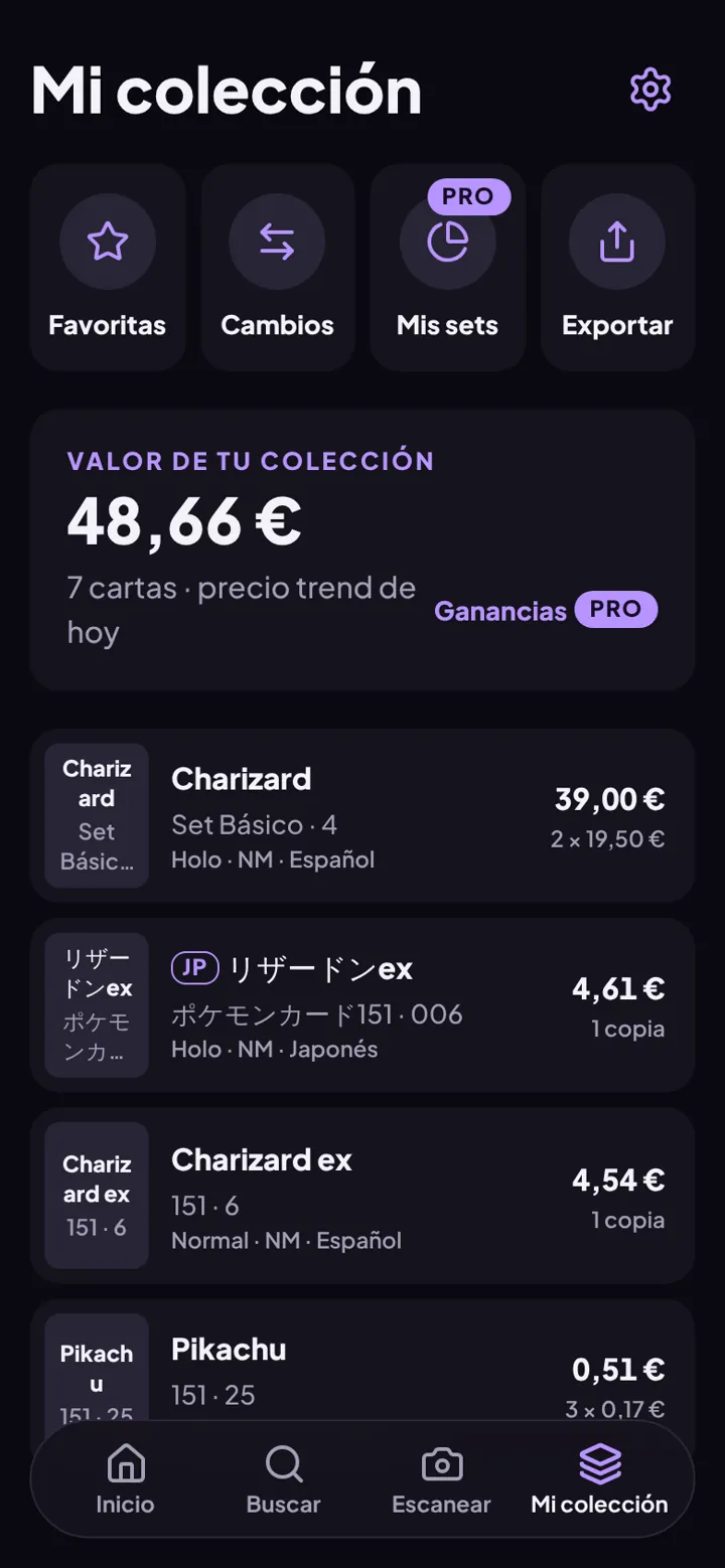 Pantalla Mi colección de TeraCard: valor total en euros y la lista de cartas con su versión, estado e idioma