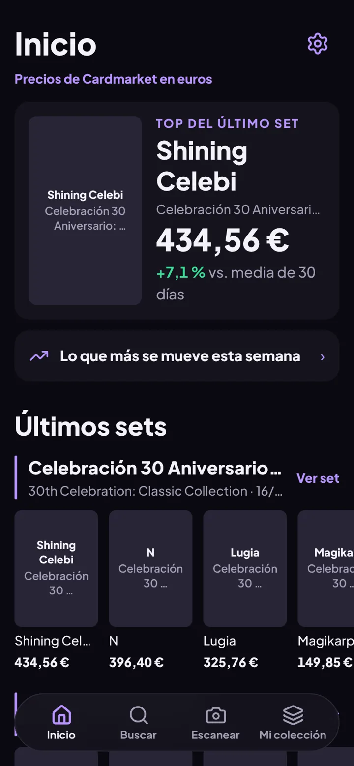 Inicio: la carta destacada del último set con su precio y los últimos sets